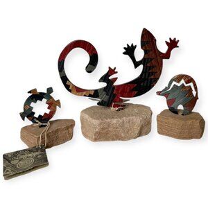New VTG LAZART 3pc Southwest Metal on Sandstone Sculpture  Gecko Turtle & Bear